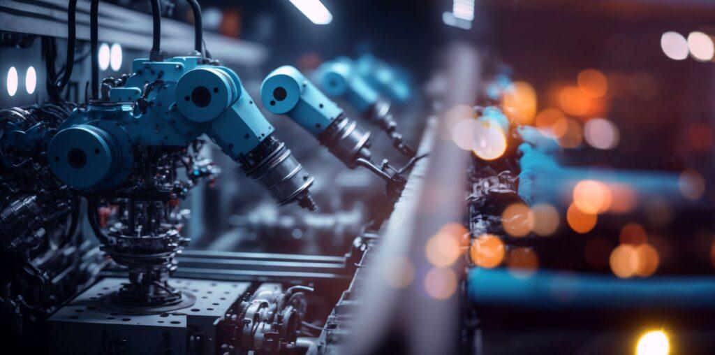 Close-up of advanced robotic arms in a high-tech manufacturing facility, illustrating the role of automation and precision tools in industrial efficiency.